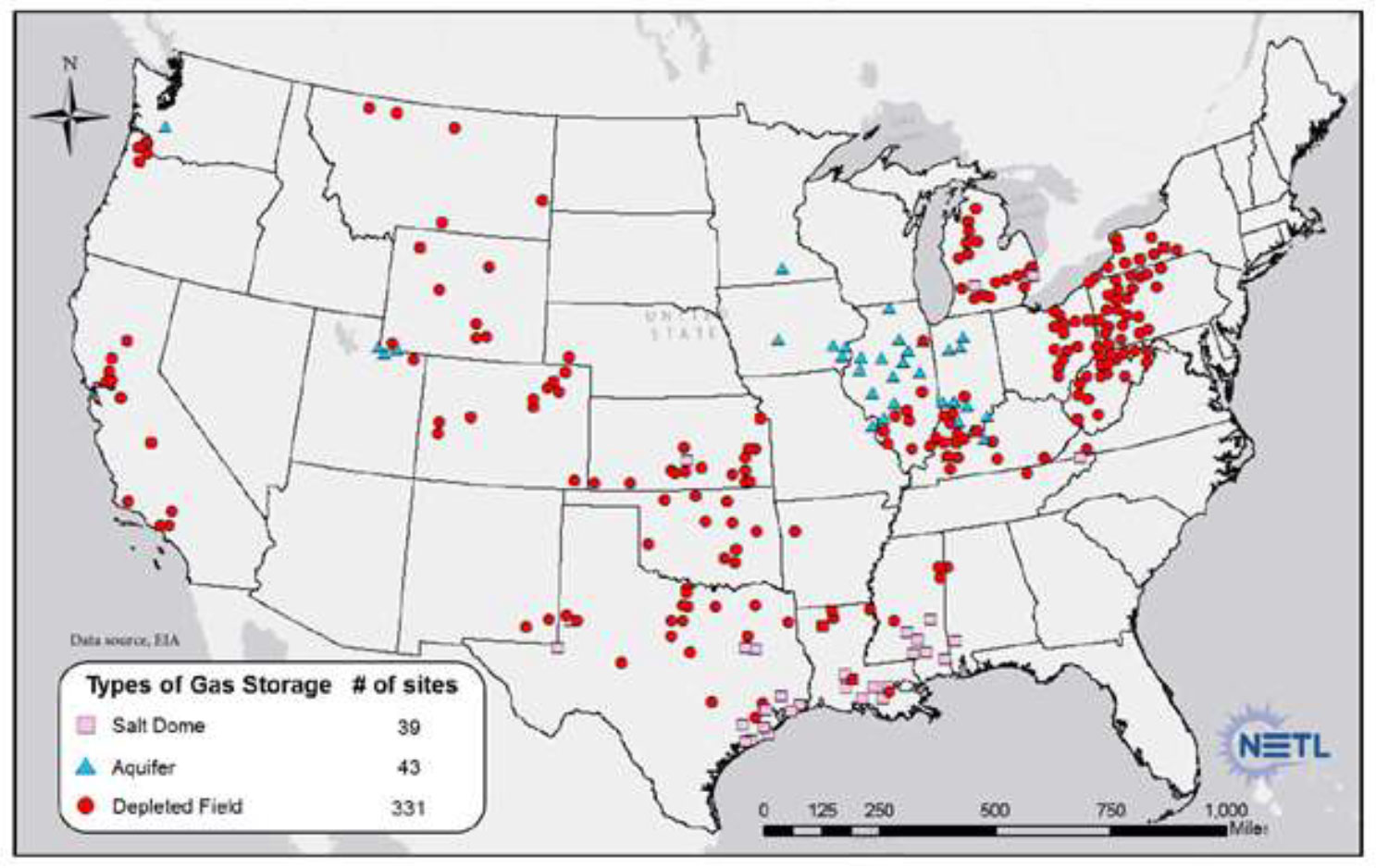 Gas storage facilities across the US