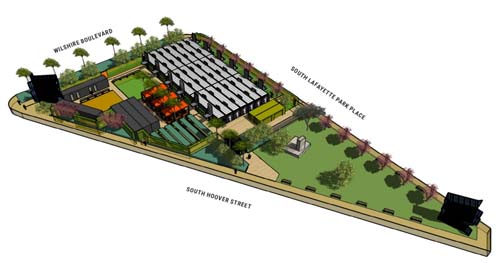 The new homeless shelter will fill the lower triangle at Lafayette Park bordered by Wilshire Boulevard, Hoover Street and South Lafayette Park Place.