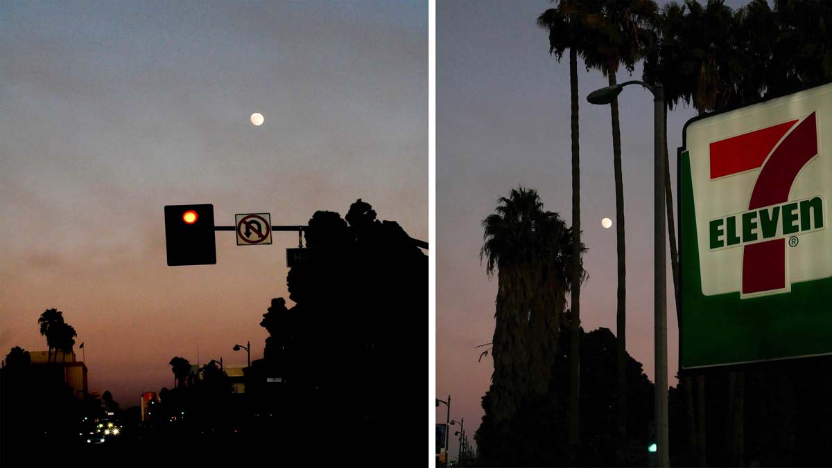 Two (not quite) full moons at sunset.