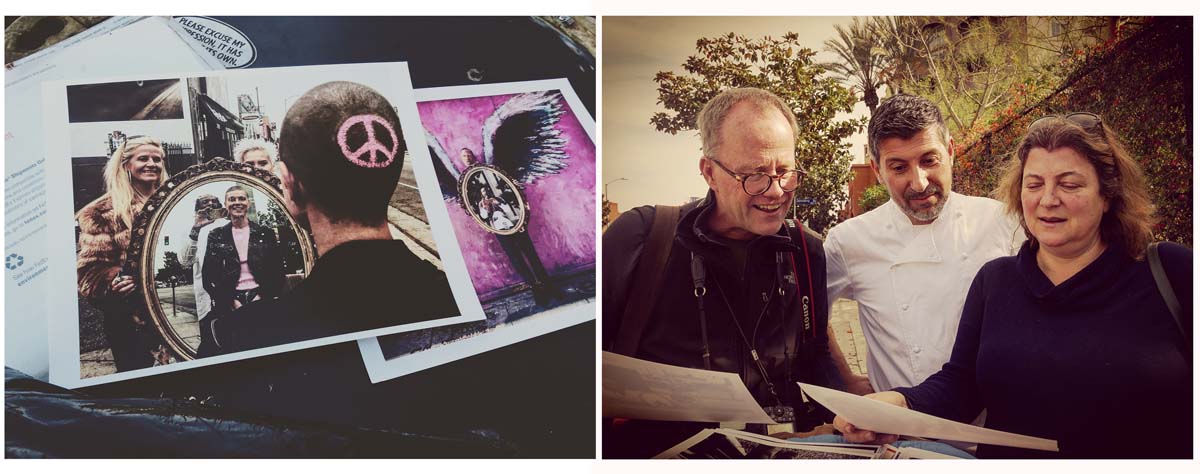 LEFT: Some photographs I printed out. RIGHT: (Left to right) L.A. Times photographer Al Seib, Chef Alberto Lazzarino and L.A. Times columnist Nita Lelyveld, who I bumped into on Beverly Boulevard, looking over some of my photographs. Nita would later buy some photos and mention me in her column.