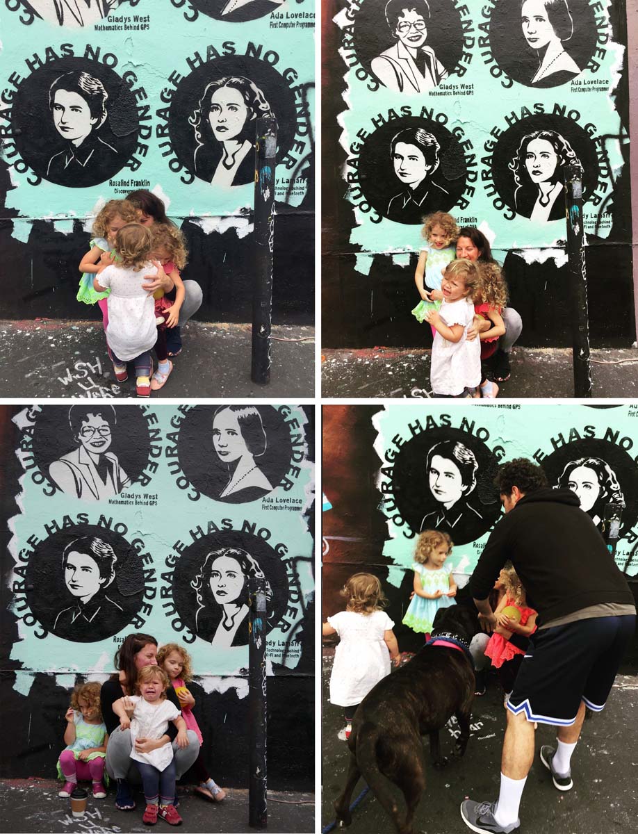 There’s a saying in the movie industry: “Never work with children or animals. If you don't know why you’ll find out.” In the background, there are four pioneering women surrounded by the words “COURAGE HAS NO GENDER.” Posing three small girls in front of the mural was supposed to create a photo symbolizing the future sisterhood of feminism; instead, it degenerated into absolute chaos.