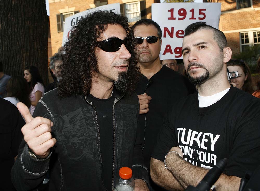 Lead singer for System Of A Down, Serj Tankian, and drummer John Dolmayan attend a demonstration remembering the Armenian Genocide in front of the Turkish Embassy April 24, 2006 in Washington D.C.