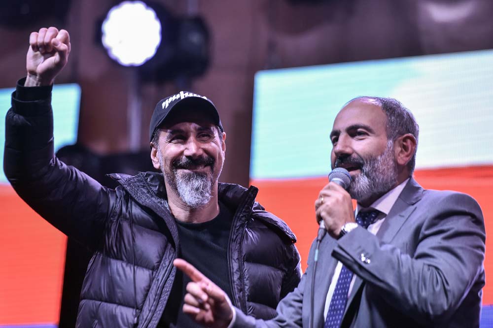 Serj Tankian stands beside protest leader Nikol Pashinyan, who became Armenia’s Prime Minister after the 2018 Velvet Revolution.