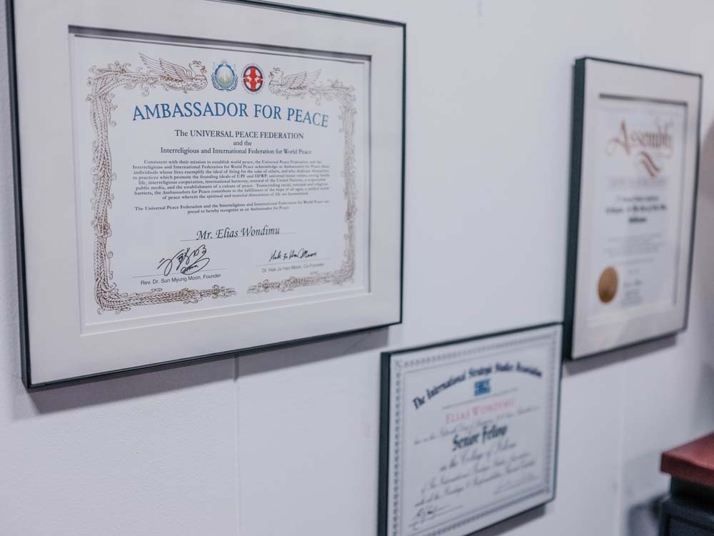 Various honors awards hang from the walls of Elias Wondimu’s office in TSEHAI’s Los Angeles headquarters. In 2017, Wondimu received one of the Ethiopian Crown’s most distinguished awards, known as the Grand Officer of the Imperial Order of Emperor Menelik II.
