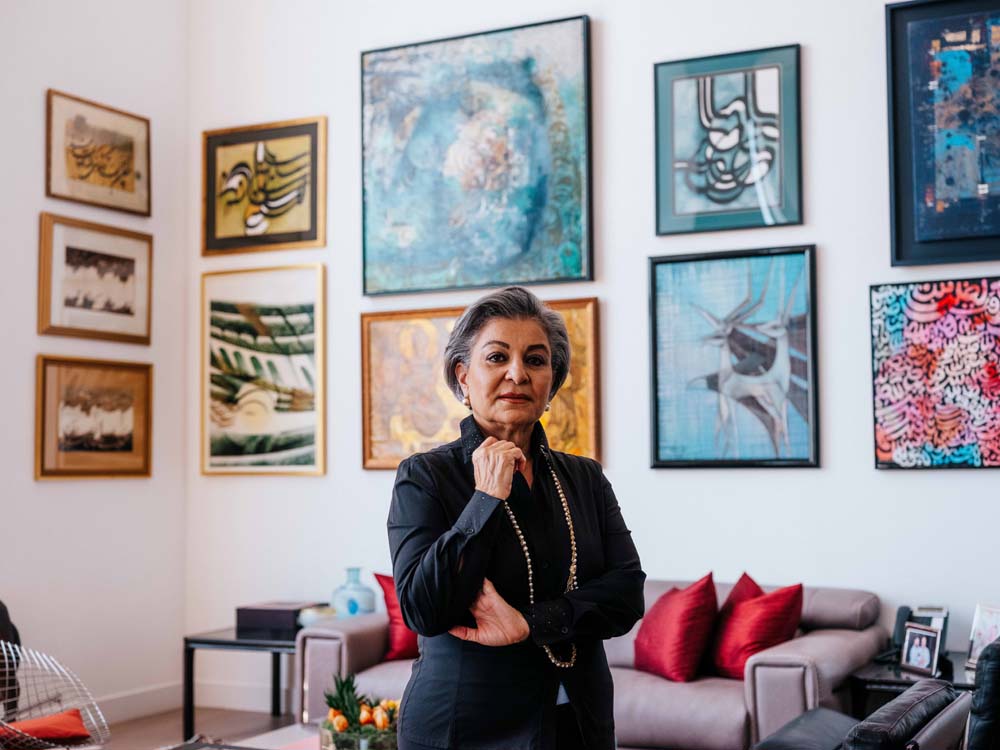 Homa Sarshar poses inside her Westwood penthouse in June 2020.