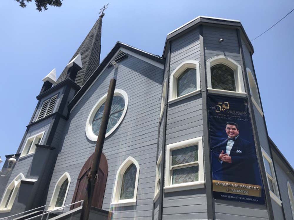 An image of Naason Joaquin Garcia on display on the La Luz Del Mundo (The Light of the World) Church in Pasadena, California.