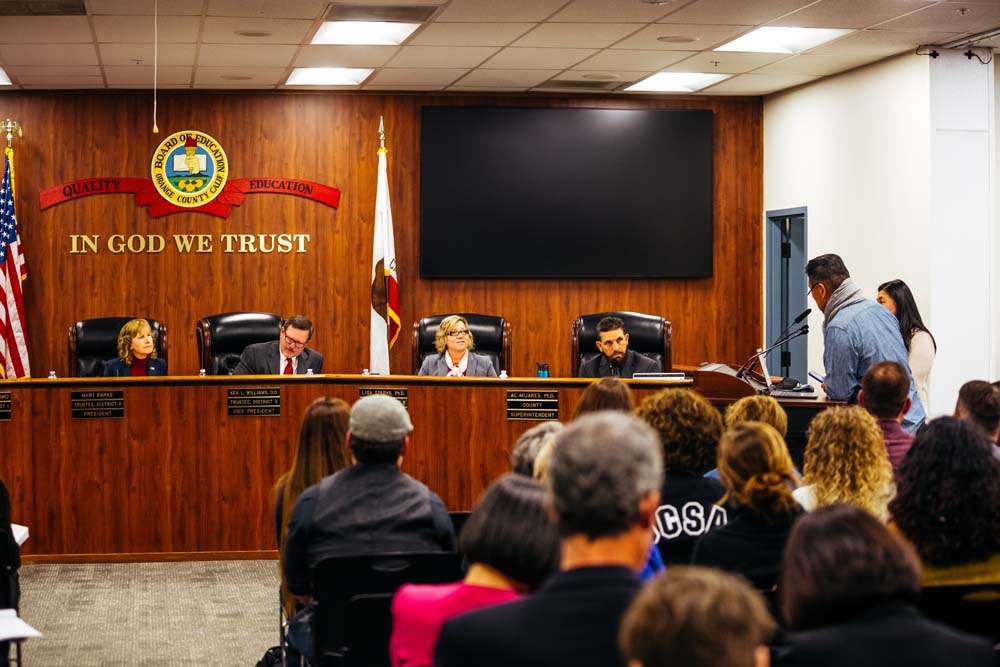 Hundreds of OCSA supporters packed into a Feb 5. meeting of the Orange County Board of Education in Costa Mesa.
