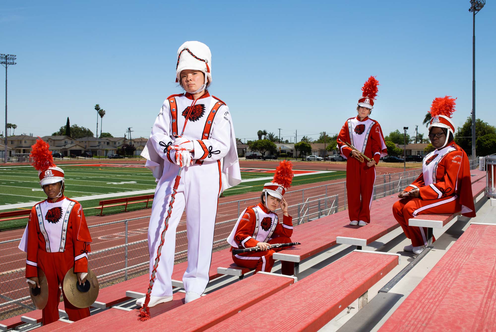 For Bianca Gonzalez (second from left), the drum major of Compton’s Centennial High School marching band, the disruptions caused by the pandemic have been devastating.