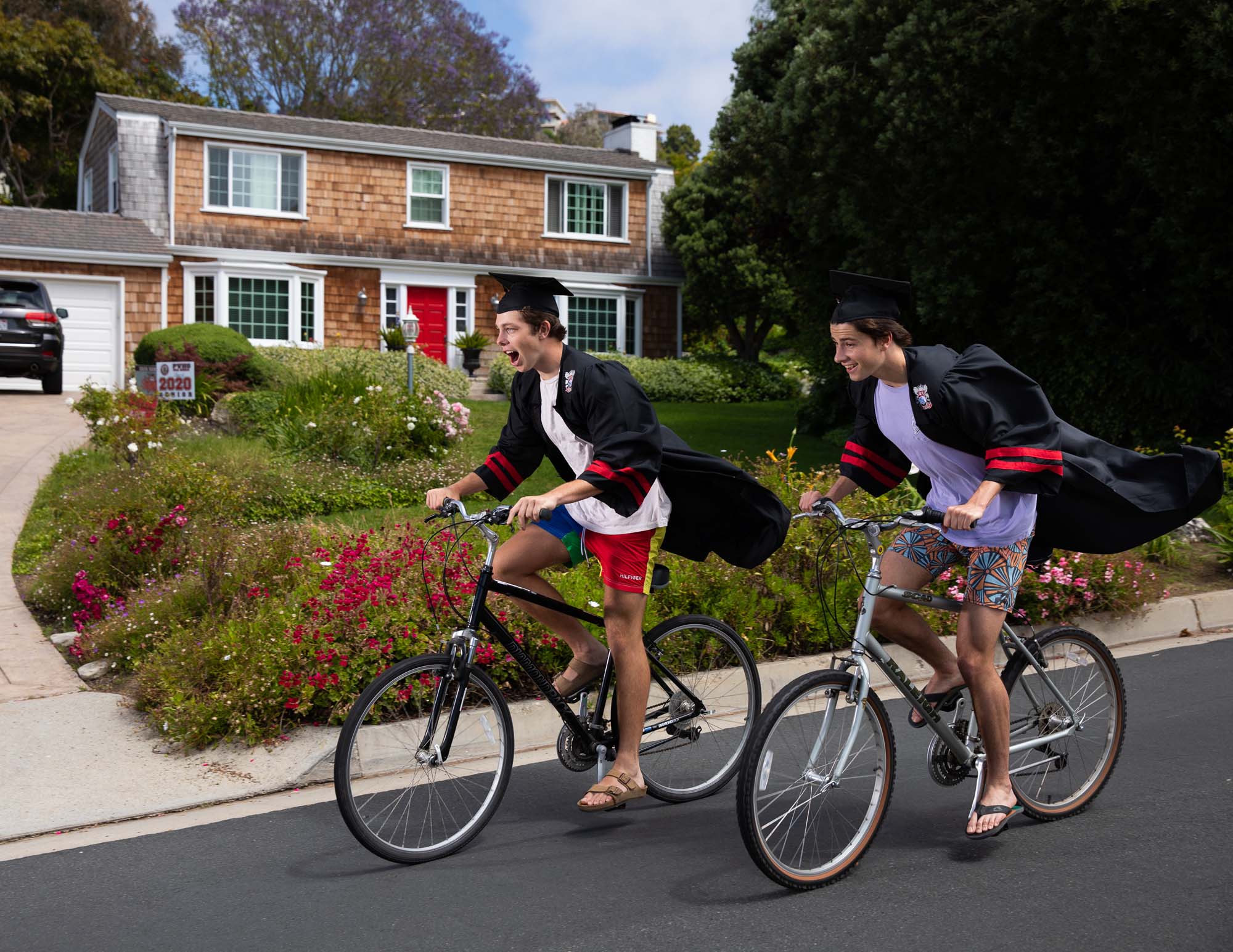 Dane Dawson (left) and Carter Harrigian (right) have returned to their bicycles during quarantine, citing it as one of the only outdoor activities they can do together and still be in compliance with L.A. County's 'safer at home' mandate. They reflected on their graduation disrupted by coronavirus.