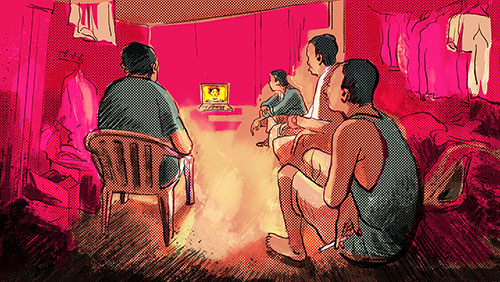 Photo illustration of tenants watching a YouTube show in a San Gabriel Valley boarding house