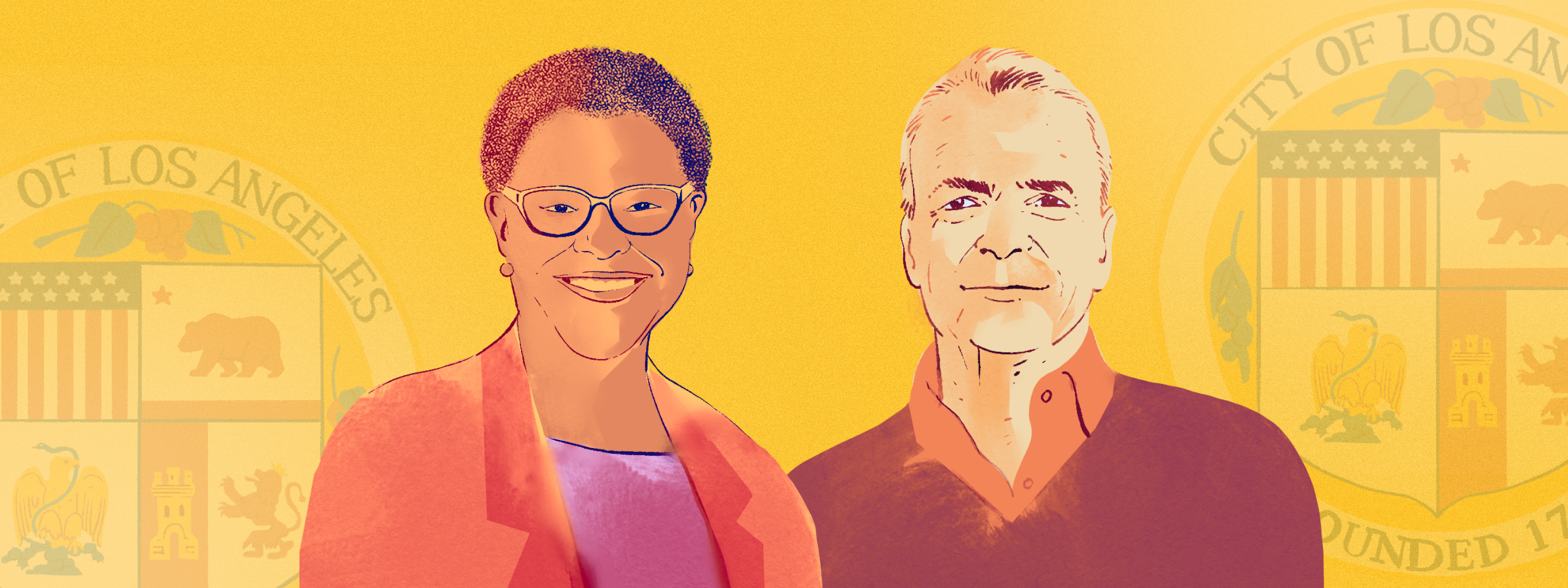 Illustration of LA Mayoral race candidates Karen Bass and Rick Caruso